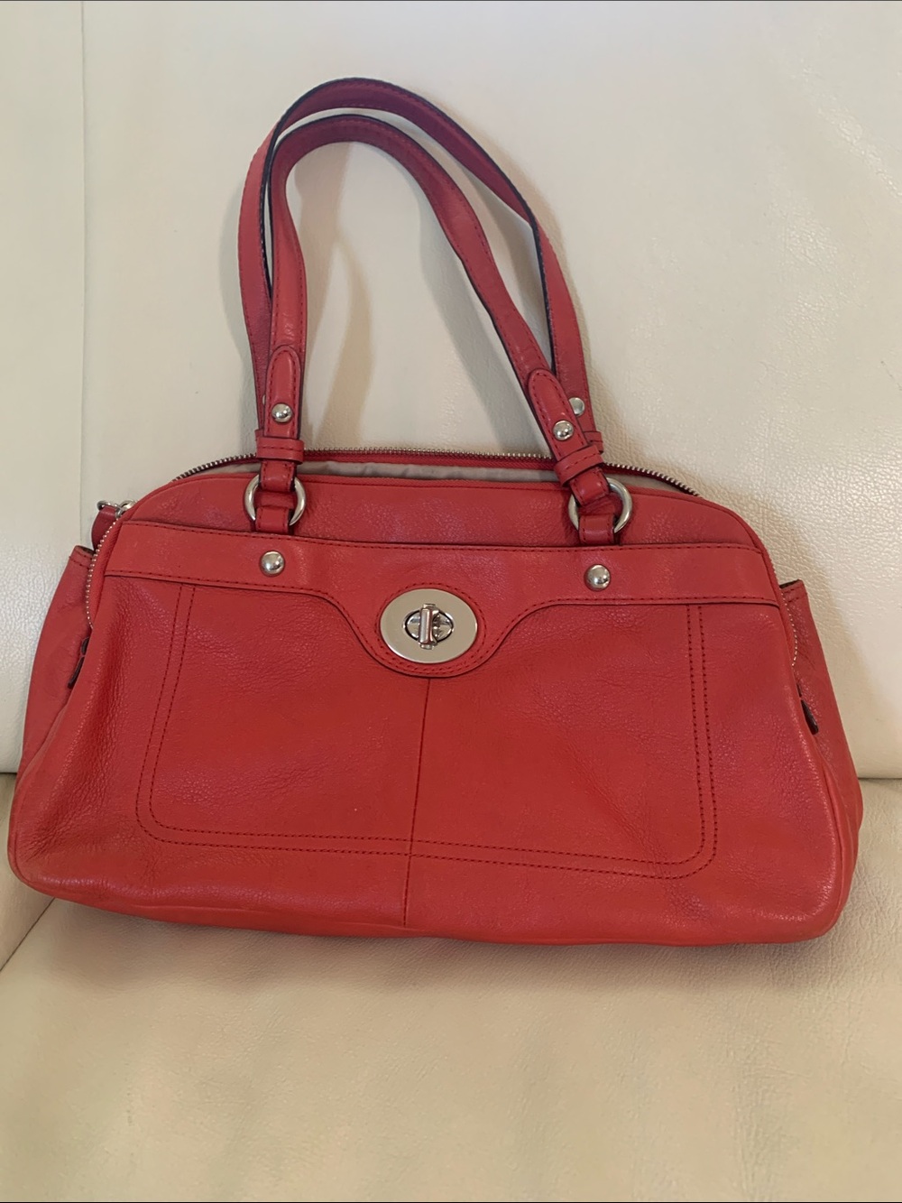 Coach Red Leather Satchel Handbag with Turn-Lock Closure